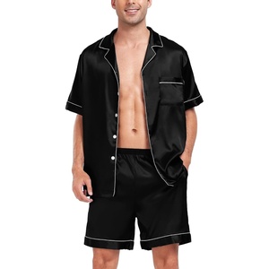image:imageSWOMOG Men Satin Silk Pajamas Sets Short Sleeve Sleepwear ButtonDown PJs Sets TwoPieces Loungewear with PocketsBlack