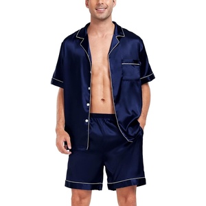 image:imageSWOMOG Men Satin Silk Pajamas Sets Short Sleeve Sleepwear ButtonDown PJs Sets TwoPieces Loungewear with PocketsDark Navy Blue