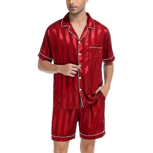 image:imageSWOMOG Men Satin Silk Pajamas Sets Short Sleeve Sleepwear ButtonDown PJs Sets TwoPieces Loungewear with PocketsRed Sriped