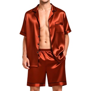 image:imageSWOMOG Men Satin Silk Pajamas Sets Short Sleeve Sleepwear ButtonDown PJs Sets TwoPieces Loungewear with PocketsRust Brown