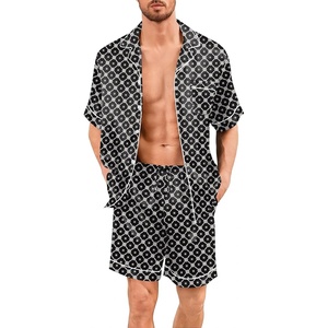 image:imageSWOMOG Men Silk Pajama Set Short Sleeve Satin PJs Sets 2 Piece Button Down Sleepwear Soft Summer Loungewear with PocketsBlack Floral