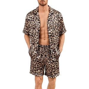 image:imageSWOMOG Men Silk Pajama Set Short Sleeve Satin PJs Sets 2 Piece Button Down Sleepwear Soft Summer Loungewear with PocketsLeopard