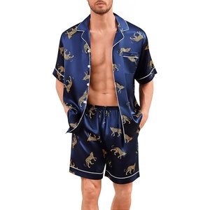 image:imageSWOMOG Men Silk Pajama Set Short Sleeve Satin PJs Sets 2 Piece Button Down Sleepwear Soft Summer Loungewear with PocketsNavy Blue Leopard