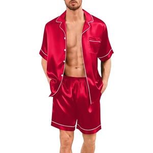 image:imageSWOMOG Men Silk Pajama Set Short Sleeve Satin PJs Sets 2 Piece Button Down Sleepwear Soft Summer Loungewear with PocketsRed
