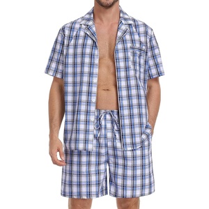 image:imageSWOMOG Mens 100 Cotton Pajama Set 2Pcs Button Down Pjs Set Short Sleeve Sleepwear with Pocket Soft Summer Stripe NightwearBrown White Plaid