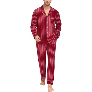image:imageSWOMOG Mens 100 Cotton Pajama Sets Soft Long Sleeve Sleepwear Pjs SetsWine Red Striped