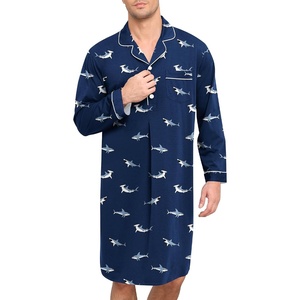 image:imageSWOMOG Mens Nightgown Long Sleeve Sleep Shirt Big amp Tall Nightshirt Button Down Pajama Comfy Nightwear MXXXLBlue Shark