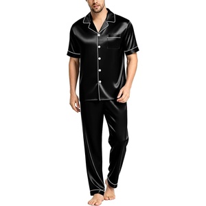 image:imageSWOMOG Mens Satin Pajama Set Short Sleeve Classic Sleepwear Button Down Silky Loungewear with Long PantsBlack