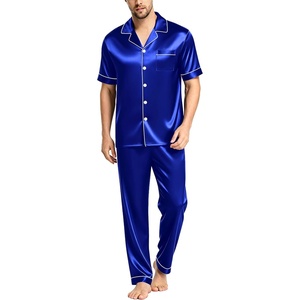 image:imageSWOMOG Mens Satin Pajama Set Short Sleeve Classic Sleepwear Button Down Silky Loungewear with Long PantsBlue