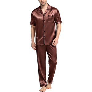 image:imageSWOMOG Mens Satin Pajama Set Short Sleeve Classic Sleepwear Button Down Silky Loungewear with Long PantsBrown
