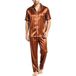 image:imageSWOMOG Mens Satin Pajama Set Short Sleeve Classic Sleepwear Button Down Silky Loungewear with Long PantsBrown Stripes