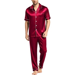 image:imageSWOMOG Mens Satin Pajama Set Short Sleeve Classic Sleepwear Button Down Silky Loungewear with Long PantsBurgundy