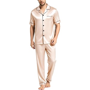 image:imageSWOMOG Mens Satin Pajama Set Short Sleeve Classic Sleepwear Button Down Silky Loungewear with Long PantsChampagne