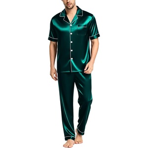 image:imageSWOMOG Mens Satin Pajama Set Short Sleeve Classic Sleepwear Button Down Silky Loungewear with Long PantsDark Forest Green