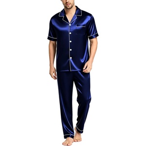 image:imageSWOMOG Mens Satin Pajama Set Short Sleeve Classic Sleepwear Button Down Silky Loungewear with Long PantsDeep Navy Blue