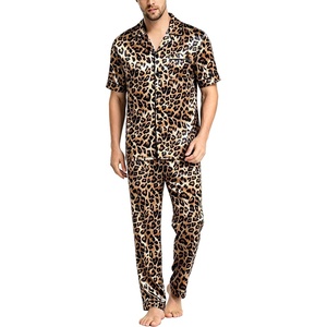 image:imageSWOMOG Mens Satin Pajama Set Short Sleeve Classic Sleepwear Button Down Silky Loungewear with Long PantsLeopard Print