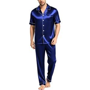 image:imageSWOMOG Mens Satin Pajama Set Short Sleeve Classic Sleepwear Button Down Silky Loungewear with Long PantsNavy Blue