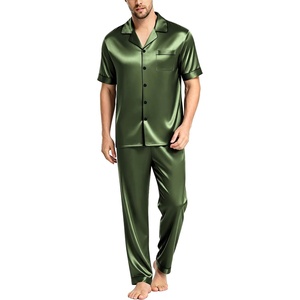 image:imageSWOMOG Mens Satin Pajama Set Short Sleeve Classic Sleepwear Button Down Silky Loungewear with Long PantsOlive Green