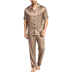 image:imageSWOMOG Mens Satin Pajama Set Short Sleeve Classic Sleepwear Button Down Silky Loungewear with Long PantsOpaue Couche