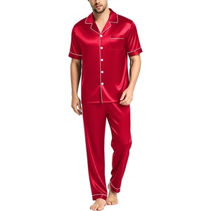 image:imageSWOMOG Mens Satin Pajama Set Short Sleeve Classic Sleepwear Button Down Silky Loungewear with Long PantsRed