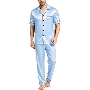 image:imageSWOMOG Mens Satin Pajama Set Short Sleeve Classic Sleepwear Button Down Silky Loungewear with Long PantsSky Blue
