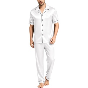 image:imageSWOMOG Mens Satin Pajama Set Short Sleeve Classic Sleepwear Button Down Silky Loungewear with Long PantsWhite