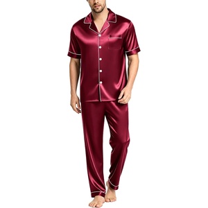 image:imageSWOMOG Mens Satin Pajama Set Short Sleeve Classic Sleepwear Button Down Silky Loungewear with Long PantsWine Red