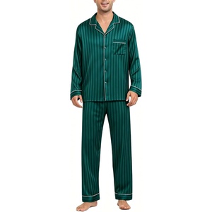image:imageSWOMOG Mens Silk Pajamas Set Satin Long Sleeve Button Down 2 PCS Sleepwear V Neck Classic Loungewear Pjs with Long PantsGreen Stripes