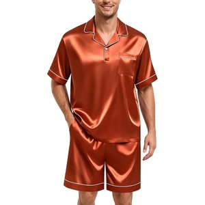 image:imageSWOMOG Mens Silk Satin Pajamas Sets 2 Piece Short Sleeve Loungewear Classic Lapel Soft Sleepwear with PocketsRust Brown