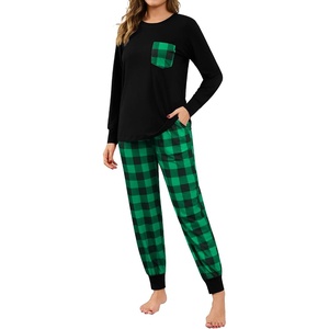image:imageSWOMOG Women Christmas Pajamas Sets Buffalo Plaid Pajama Pants with Pockets Long Sleeve Tops Loungewear SetBlack  Green Plaid