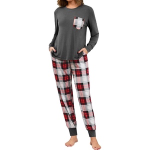 image:imageSWOMOG Women Christmas Pajamas Sets Buffalo Plaid Pajama Pants with Pockets Long Sleeve Tops Loungewear SetDeep Grey