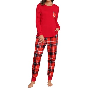 image:imageSWOMOG Women Christmas Pajamas Sets Buffalo Plaid Pajama Pants with Pockets Long Sleeve Tops Loungewear SetRed Black Plaid With White Stripe