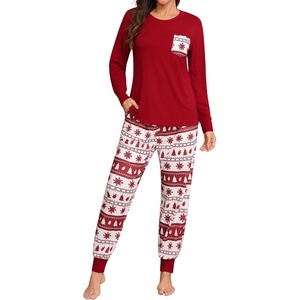image:imageSWOMOG Women Christmas Pajamas Sets Buffalo Plaid Pajama Pants with Pockets Long Sleeve Tops Loungewear SetWine Red Tree