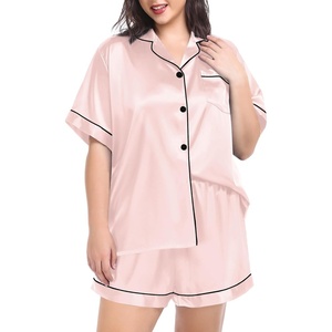 image:imageSWOMOG Womens Plus Size Pajama Set Silk Satin Pajamas Button Down Loungewear Short Sleeve Pjs 2 piece Sleepwear 1628WBlush Pink