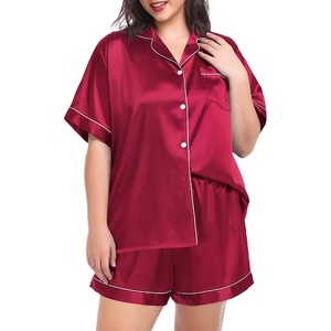 image:imageSWOMOG Womens Plus Size Pajama Set Silk Satin Pajamas Button Down Loungewear Short Sleeve Pjs 2 piece Sleepwear 1628WDeep Red
