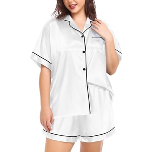 image:imageSWOMOG Womens Plus Size Pajama Set Silk Satin Pajamas Button Down Loungewear Short Sleeve Pjs 2 piece Sleepwear 1628WWhite