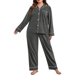 image:imageSWOMOG Womens Plus Size Pajamas Set Long Sleeve Sleepwear Button Down Tops Soft Pajama Pants 2 Pcs Lounge Sets with PocketDark Grey