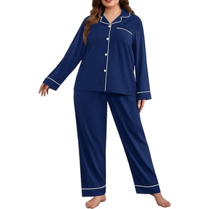 image:imageSWOMOG Womens Plus Size Pajamas Set Long Sleeve Sleepwear Button Down Tops Soft Pajama Pants 2 Pcs Lounge Sets with PocketNavy Blue