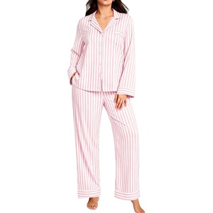 image:imageSWOMOG Womens Plus Size Pajamas Set Long Sleeve Sleepwear Button Down Tops Soft Pajama Pants 2 Pcs Lounge Sets with PocketPink Strip