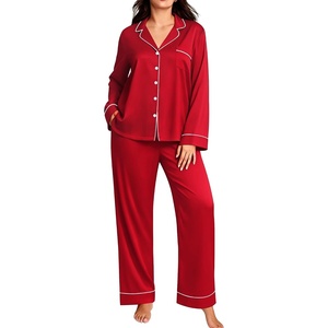 image:imageSWOMOG Womens Plus Size Pajamas Set Long Sleeve Sleepwear Button Down Tops Soft Pajama Pants 2 Pcs Lounge Sets with PocketRed