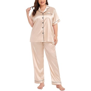 image:imageSWOMOG Womens Plus Size Pajamas Silk Satin Pajama Set Short Sleeve Shirt with FullLength Pants Pjs Sleepwear Set 18W26WChampagne