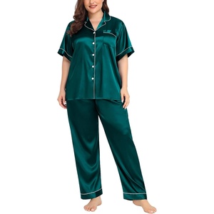 image:imageSWOMOG Womens Plus Size Pajamas Silk Satin Pajama Set Short Sleeve Shirt with FullLength Pants Pjs Sleepwear Set 18W26WDark Green