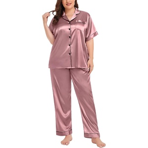 image:imageSWOMOG Womens Plus Size Pajamas Silk Satin Pajama Set Short Sleeve Shirt with FullLength Pants Pjs Sleepwear Set 18W26WMisty Rose