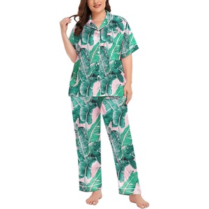 image:imageSWOMOG Womens Plus Size Pajamas Silk Satin Pajama Set Short Sleeve Shirt with FullLength Pants Pjs Sleepwear Set 18W26WPink Leaves