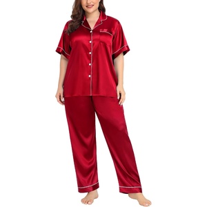 image:imageSWOMOG Womens Plus Size Pajamas Silk Satin Pajama Set Short Sleeve Shirt with FullLength Pants Pjs Sleepwear Set 18W26WReda