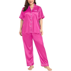 image:imageSWOMOG Womens Plus Size Pajamas Silk Satin Pajama Set Short Sleeve Shirt with FullLength Pants Pjs Sleepwear Set 18W26WRose Red