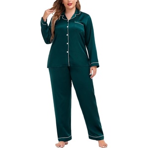 image:imageSWOMOG Womens Plus Size Pajamas Silky Pajama Set Button Down Sleepwear Classic Silk Pj Set Ladies Two Piece Loungewear SetDark Green