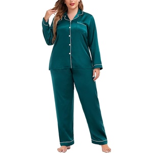 image:imageSWOMOG Womens Plus Size Pajamas Silky Pajama Set Button Down Sleepwear Classic Silk Pj Set Ladies Two Piece Loungewear SetGreen