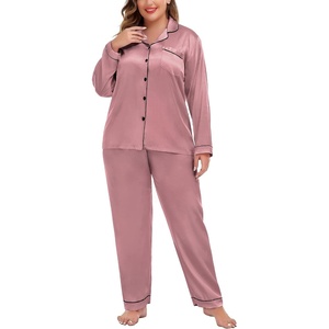 image:imageSWOMOG Womens Plus Size Pajamas Silky Pajama Set Button Down Sleepwear Classic Silk Pj Set Ladies Two Piece Loungewear SetMisty Rose