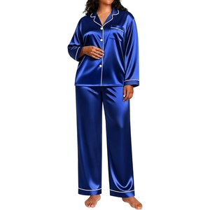 image:imageSWOMOG Womens Plus Size Pajamas Silky Pajama Set Button Down Sleepwear Classic Silk Pj Set Ladies Two Piece Loungewear SetNavy Blue